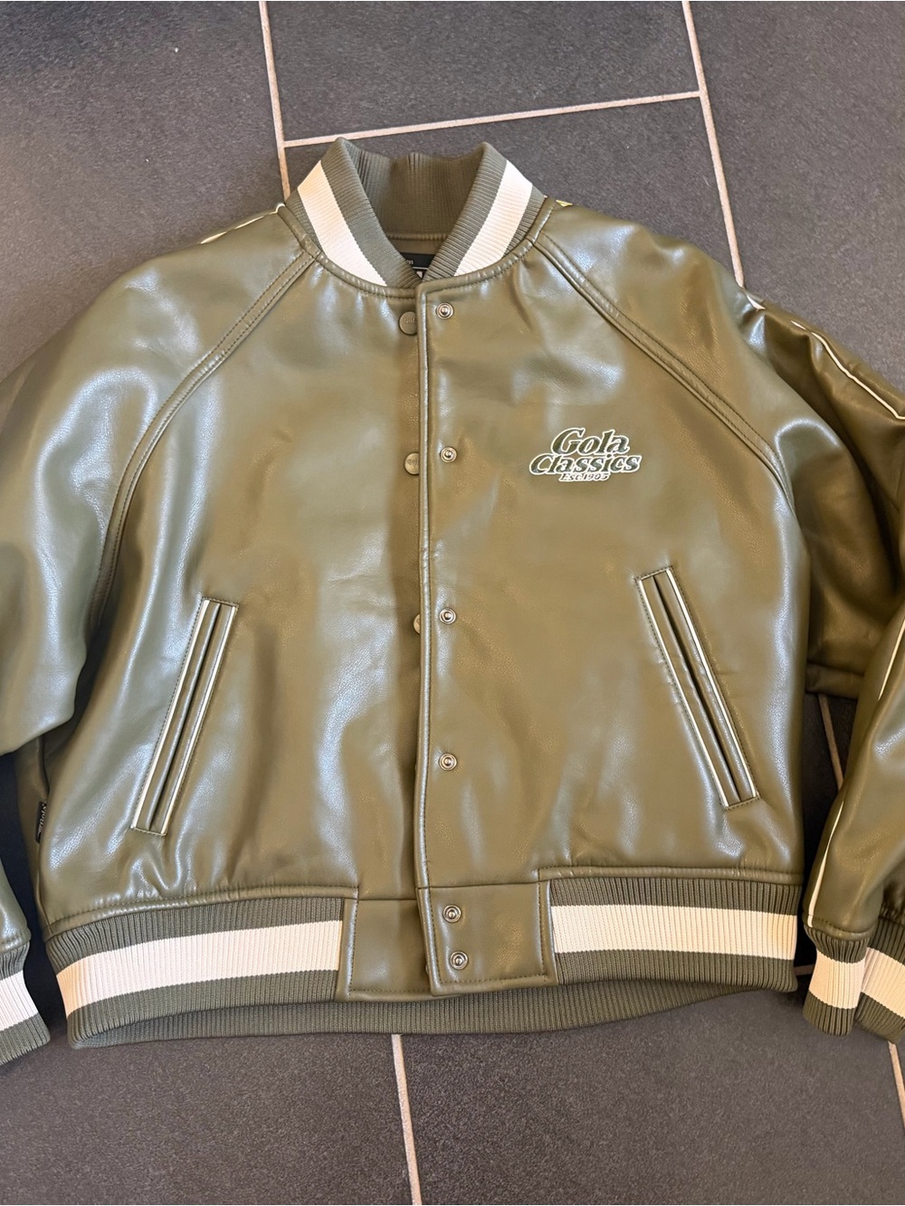 Gola Classics Women's Cropped Varsity Bomber Jacket S Olive Green Faux Leather